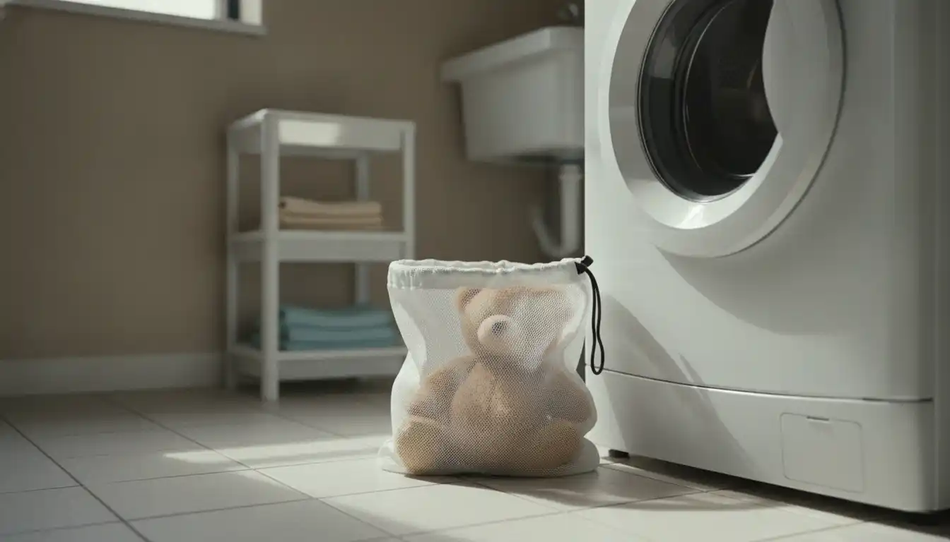 Pehmolelu pesupussissa pesukoneen vieressä kodinhoitohuoneessa