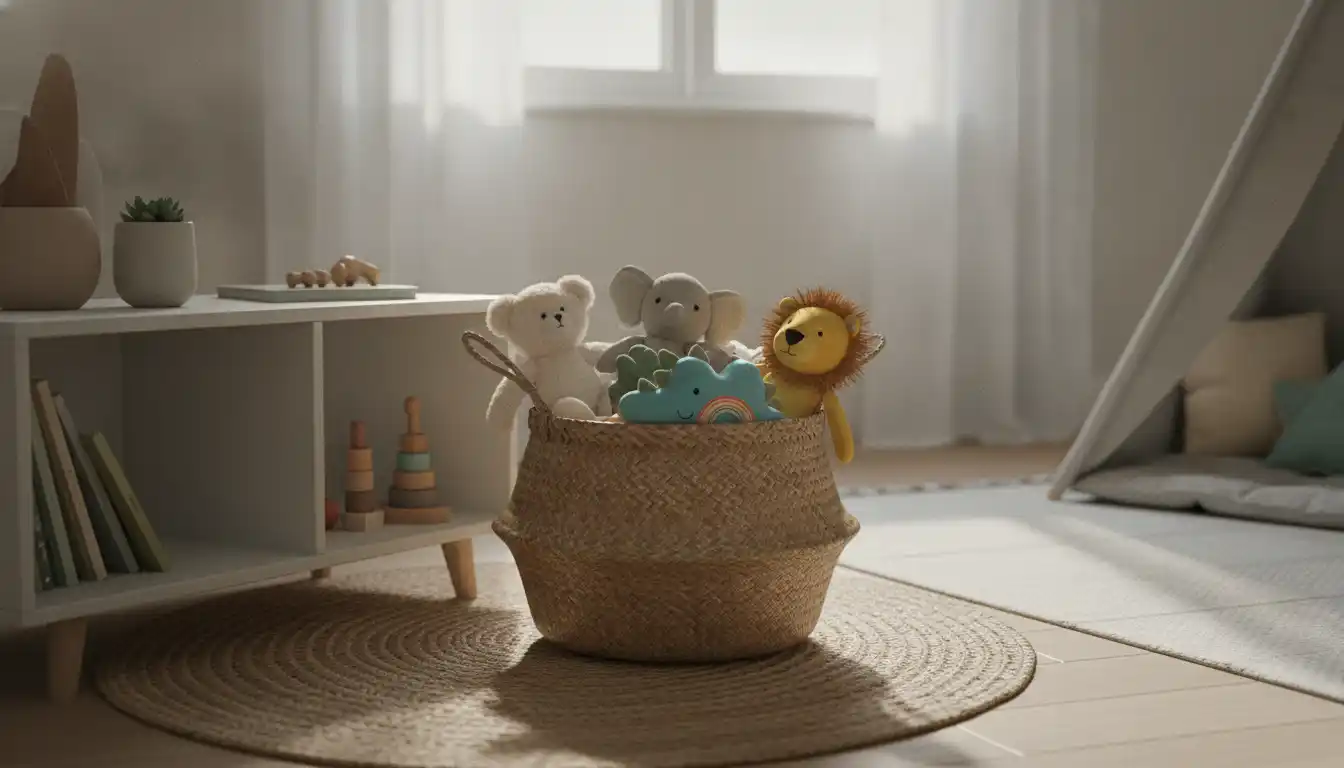Avoin punottu kori täynnä pehmoleluja matalan hyllyn vieressä